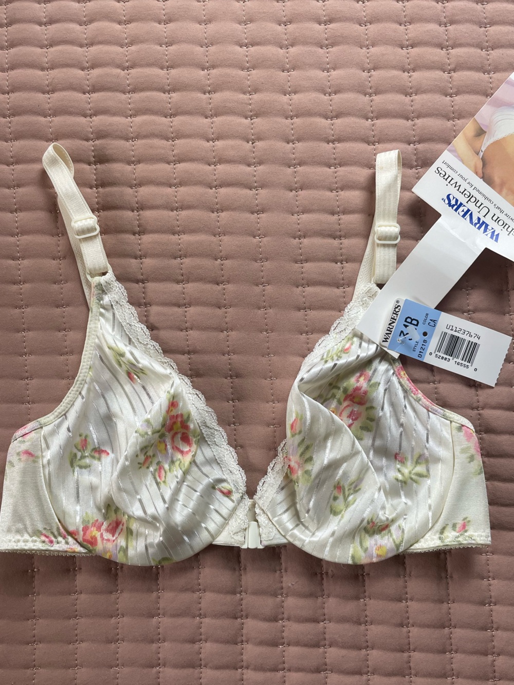 Warner's Cream Floral Underwire Bra with Pink & Green Floral Print